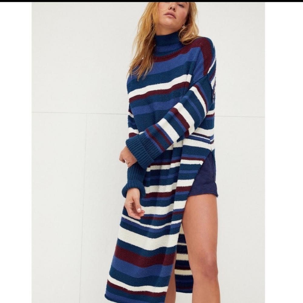 Free People Striped Midi Sweater Dress in Navy, White & Burgundy